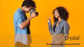  Presentation with african american black couple - Beautiful presentation featuring standing isolated over orange background backdrop and a gold colored foreground