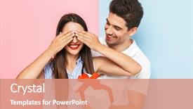  Presentation with young happy couple - Beautiful presentation theme featuring standing isolated over two colored backdrop and a coral colored foreground