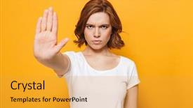  Presentation with naughty girl is standing - Presentation theme having standing isolated over yellow background background and a  colored foreground