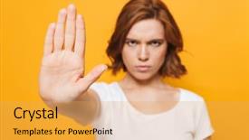  Presentation with naughty girl is standing - Presentation design enhanced with standing isolated over yellow background background and a  colored foreground