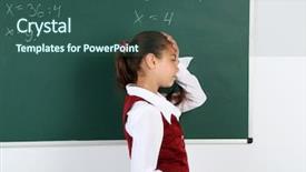  Presentation with naughty girl is standing - PPT layouts enhanced with standing near blackboard in classroom background and a ocean colored foreground