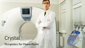  Presentation with scanner - Cool new presentation design with standing near computed tomography scan backdrop and a light gray colored foreground