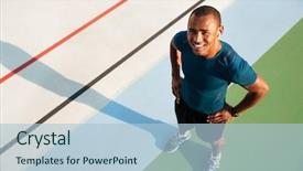  Presentation with track field - Beautiful slides featuring standing on a track field backdrop and a light blue colored foreground