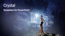  Presentation with wall - Slide deck enhanced with standing on chair and reaching background and a navy blue colored foreground