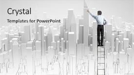  Presentation with businessman climbing the career ladder - Beautiful slide set featuring standing on ladder and drawing backdrop and a light gray colored foreground