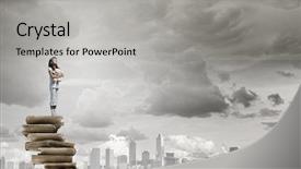  Presentation with hand cute dolls and toy - Cool new PPT layouts with standing on pile of book backdrop and a  colored foreground