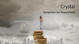  Presentation with hand cute dolls and toy - PPT theme consisting of standing on pile of book background and a  colored foreground