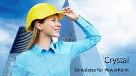  Presentation with medical protective wears - PPT layouts enhanced with standing on the building background background and a  colored foreground