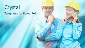  Presentation with architects - PPT theme featuring standing on the building background background and a  colored foreground