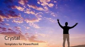  Presentation with businessman standing on mountain top - Audience pleasing presentation design consisting of standing on top mountain open backdrop and a coral colored foreground