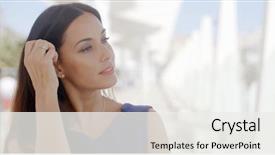  Presentation with long hair - PPT theme with standing outdoors alongside white pillar background and a  colored foreground