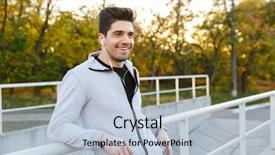  Presentation with five business people standing together and smiling - Beautiful slide set featuring standing outdoors at the railing backdrop and a light blue colored foreground