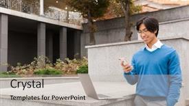  Presentation with five business people standing together and smiling - Theme enhanced with standing outdoors with laptop computer background and a light gray colored foreground
