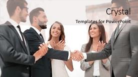  Presentation with business partner people joining hand - Colorful slides enhanced with standing ovation - business partners shaking hands backdrop and a  colored foreground