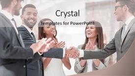  Presentation with business partner people joining hand - Colorful slide set enhanced with standing ovation - business partners shaking hands backdrop and a light gray colored foreground