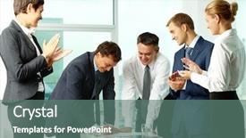  Presentation with meeting - Audience pleasing PPT layouts consisting of standing ovation - image of co-workers congratulating their backdrop and a  colored foreground