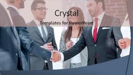  Presentation with shaking hands - Presentation theme having standing ovation - successful business partners shaking hands background and a  colored foreground