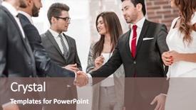  Presentation with business partner people joining hand - Audience pleasing theme consisting of standing ovation - successful business partners shaking hands backdrop and a  colored foreground