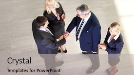  Presentation with shaking hands - PPT theme having standing ovation - two businessmen shaking hands indicating background and a light gray colored foreground