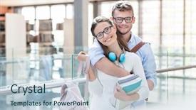  Presentation with railing - Beautiful presentation featuring standing with books by railing backdrop and a  colored foreground