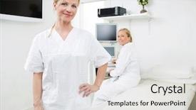  Presentation with ultrasound machine - Presentation design consisting of standing with colleague using ultrasound background and a white colored foreground