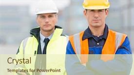  Presentation with worker - Beautiful presentation design featuring standing with coworker in shipping backdrop and a soft green colored foreground