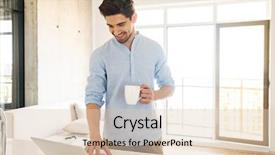  Presentation with young man holdng laptop on lap money - Beautiful theme featuring standing with cup of coffee backdrop and a lemonade colored foreground