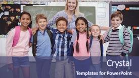  Presentation with classroom - Amazing presentation design having standing with schoolkids in classroom backdrop and a ocean colored foreground