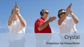  Presentation with gun - Audience pleasing presentation theme consisting of standing with troops holding gun backdrop and a light blue colored foreground