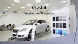  Presentation with car wheels stand - PPT theme featuring stands in office of shop background and a light gray colored foreground