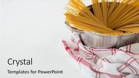  Presentation with gluten free food various pasta - PPT layouts enhanced with staple food - spaghetti pasta arranged in utensil background and a white colored foreground