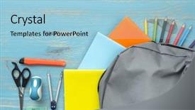  Presentation with backpack - Presentation having scribbler - school backpack on blue wooden background and a light blue colored foreground
