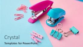  Presentation with paper - Audience pleasing PPT theme consisting of stapler-and-paper-clips-closeup backdrop and a light blue colored foreground
