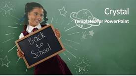  Presentation with green chalkboard - PPT theme featuring star 3d student - smiling schoolgirl holding writing slate background and a gray colored foreground