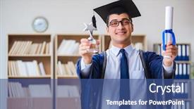  Presentation with university - Presentation design with best student award - young man graduating from university background and a ocean colored foreground