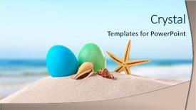  Presentation with sand - Beautiful presentation design featuring chickenjoy - easter eggs with seashells backdrop and a cool aqua colored foreground