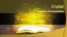  Presentation with open book - Presentation design enhanced with open book with golden glow flying paper pages on wooden deck background and a tawny brown colored foreground