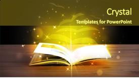  Presentation with open book - Amazing PPT theme having open book with golden glow flying paper pages on wooden deck backdrop and a tawny brown colored foreground