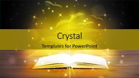  Presentation with open book - Audience pleasing theme consisting of open book with golden glow flying paper pages on wooden deck backdrop and a gold colored foreground