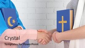  Presentation with books - Presentation theme consisting of muslim christian - two friends holding books background and a coral colored foreground