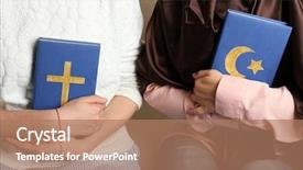  Presentation with books - PPT theme consisting of muslim christian - two friends holding books background and a coral colored foreground