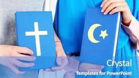  Presentation with books - Presentation design having muslim christian - two friends holding books background and a teal colored foreground