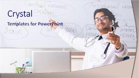  Presentation with employee month - Presentation design featuring star employee month - young male doctor neurologist background and a sky blue colored foreground