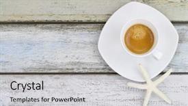  Presentation with green star - Beautiful PPT theme featuring star fish on freshly brewed espresso coffee on blue green wooden looking tile backdrop and a light gray colored foreground