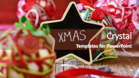  Presentation with rustic chalkboard - Cool new presentation design with star-shaped chalkboard with the text xmas and some different handmade christmas balls made with strings ribbons and buttons on a rustic wooden surface backdrop and a tawny brown colored foreground