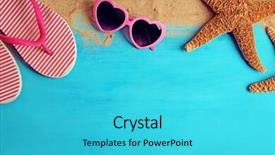  Presentation with starfish - Presentation theme with starfish sunglasses and flip flops with sand on wooden background background and a cyan colored foreground