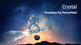  Presentation with spaceman - PPT theme featuring stars spacecraft - spaceman on flying board mixed background and a navy blue colored foreground
