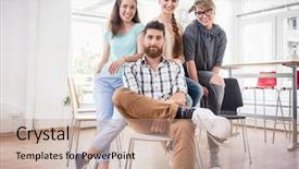  Presentation with office workers - Cool new PPT layouts with start - portrait of four co-workers smiling backdrop and a coral colored foreground