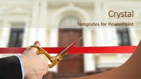  Presentation with ribbon cutting grand opening - Amazing slide deck having start business - grand opening cutting red ribbon backdrop and a soft green colored foreground