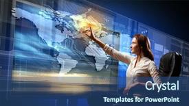  Presentation with woman pushing shopping trolley - Presentation design featuring start business - young woman in armchair pushing background and a ocean colored foreground